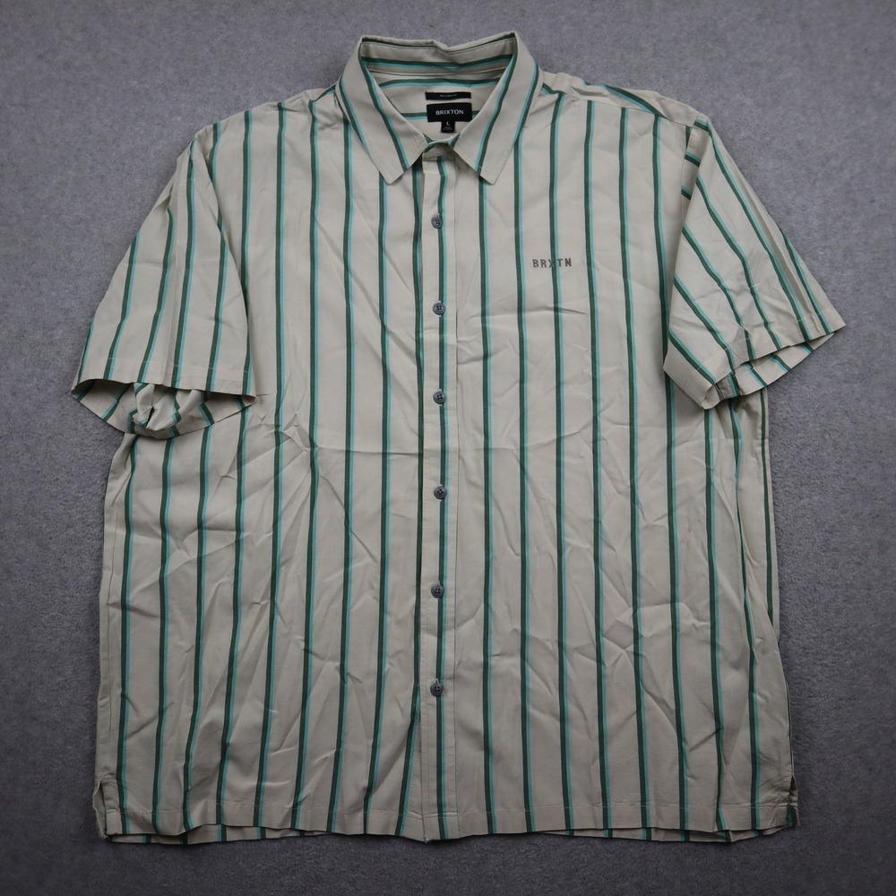 Brixton Button Up Shirt Mens Large Relaxed Fit Beige Green Striped Short Sleeve